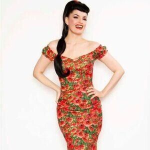 Bernie Dexter Scarlette Dress Womens XS Red Poppy Floral Excellent Wiggle Pencil